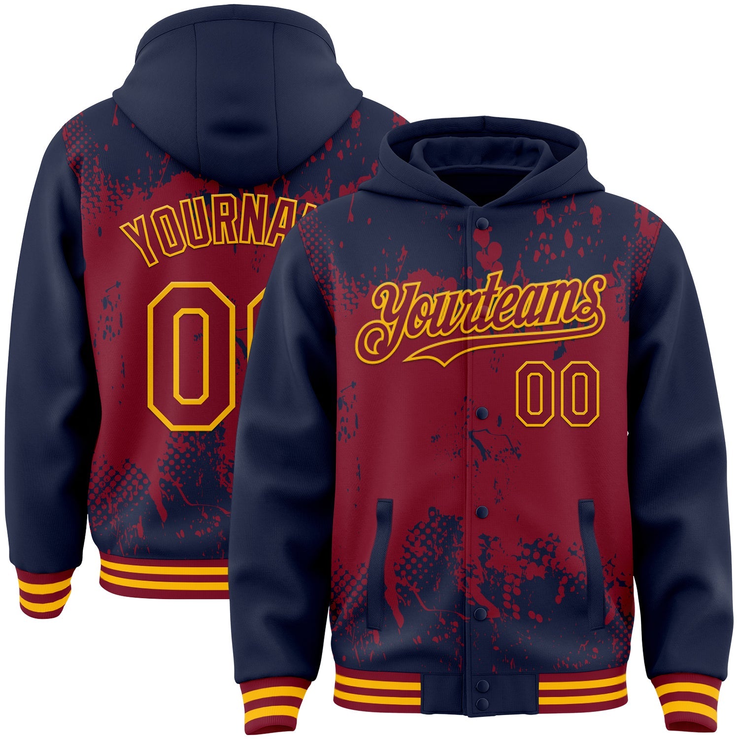 Custom Navy Crimson-Gold Splash Art 3D Pattern Design Bomber Full-Snap Varsity Letterman Hoodie Jacket - Main View