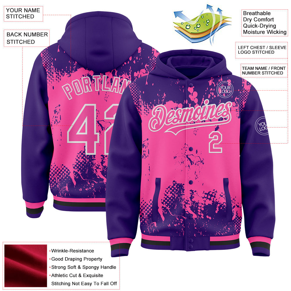 Custom Purple Pink Black-White Splash Art 3D Pattern Design Bomber Full-Snap Varsity Letterman Hoodie Jacket view 4