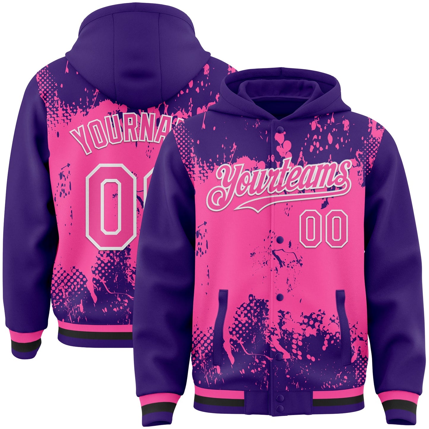Custom Purple Pink Black-White Splash Art 3D Pattern Design Bomber Full-Snap Varsity Letterman Hoodie Jacket - Main View