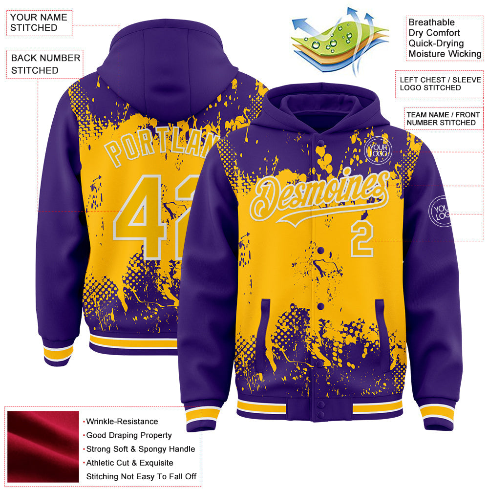 Custom Purple Gold-White Splash Art 3D Pattern Design Bomber Full-Snap Varsity Letterman Hoodie Jacket view 4