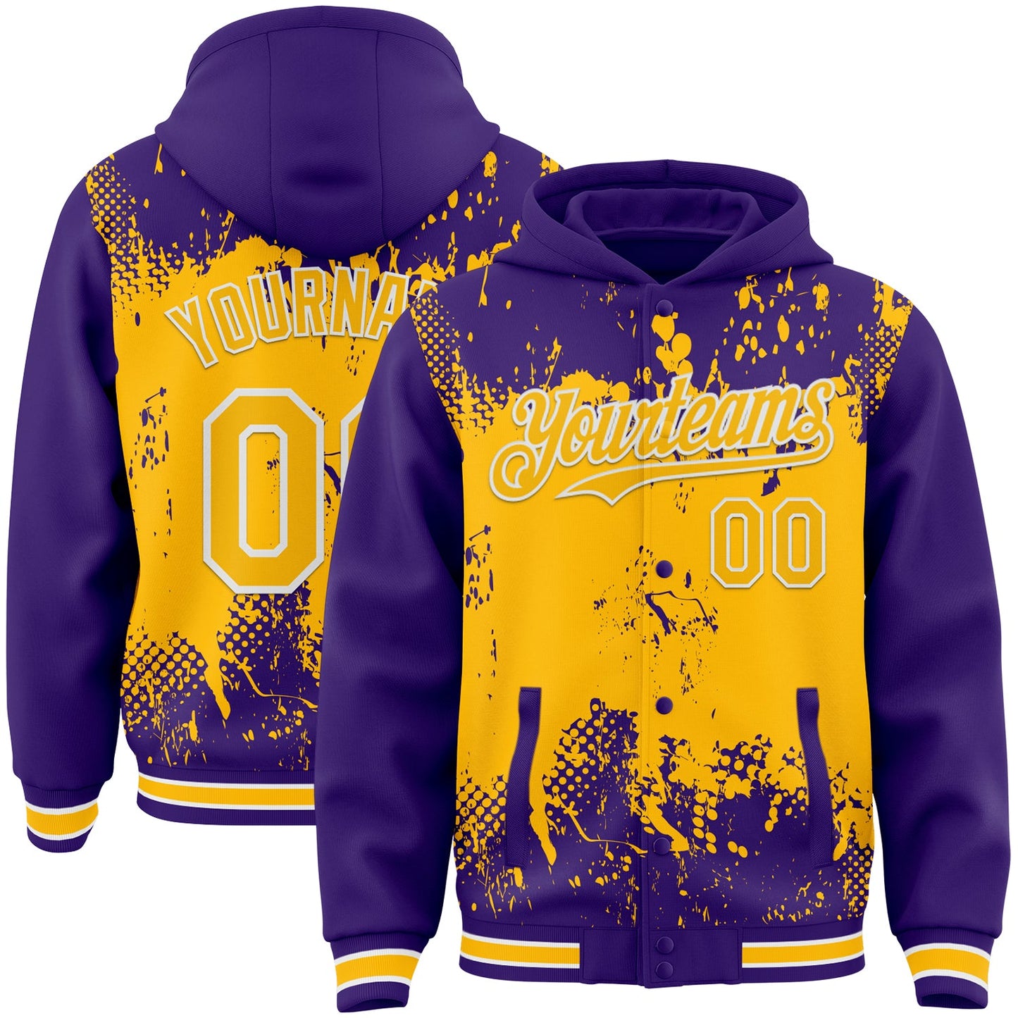 Custom Purple Gold-White Splash Art 3D Pattern Design Bomber Full-Snap Varsity Letterman Hoodie Jacket - Main View