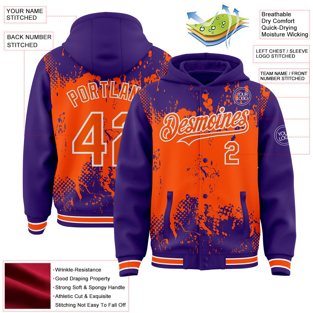 Custom Purple Orange-White Splash Art 3D Pattern Design Bomber Full-Snap Varsity Letterman Hoodie Jacket view 4