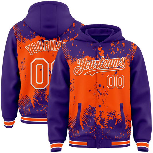 Custom Purple Orange-White Splash Art 3D Pattern Design Bomber Full-Snap Varsity Letterman Hoodie Jacket - Main View