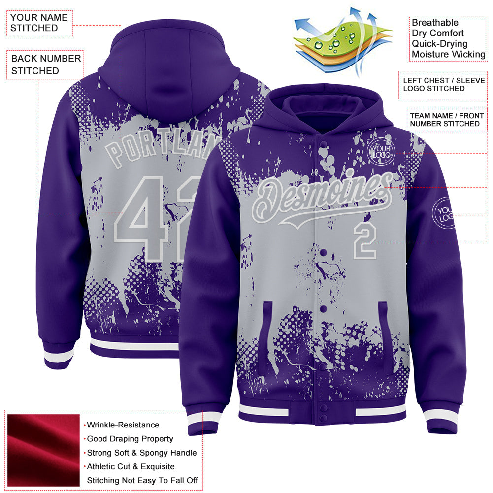 Custom Purple Gray-White Splash Art 3D Pattern Design Bomber Full-Snap Varsity Letterman Hoodie Jacket view 4