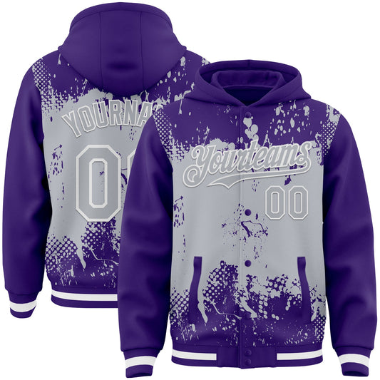 Custom Purple Gray-White Splash Art 3D Pattern Design Bomber Full-Snap Varsity Letterman Hoodie Jacket - Main View
