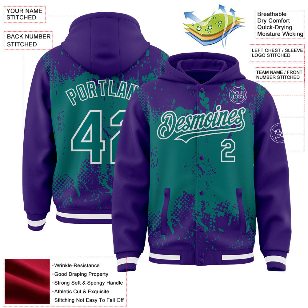 Custom Purple Teal-White Splash Art 3D Pattern Design Bomber Full-Snap Varsity Letterman Hoodie Jacket view 4