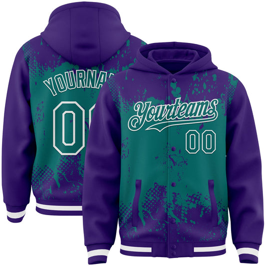 Custom Purple Teal-White Splash Art 3D Pattern Design Bomber Full-Snap Varsity Letterman Hoodie Jacket - Main View