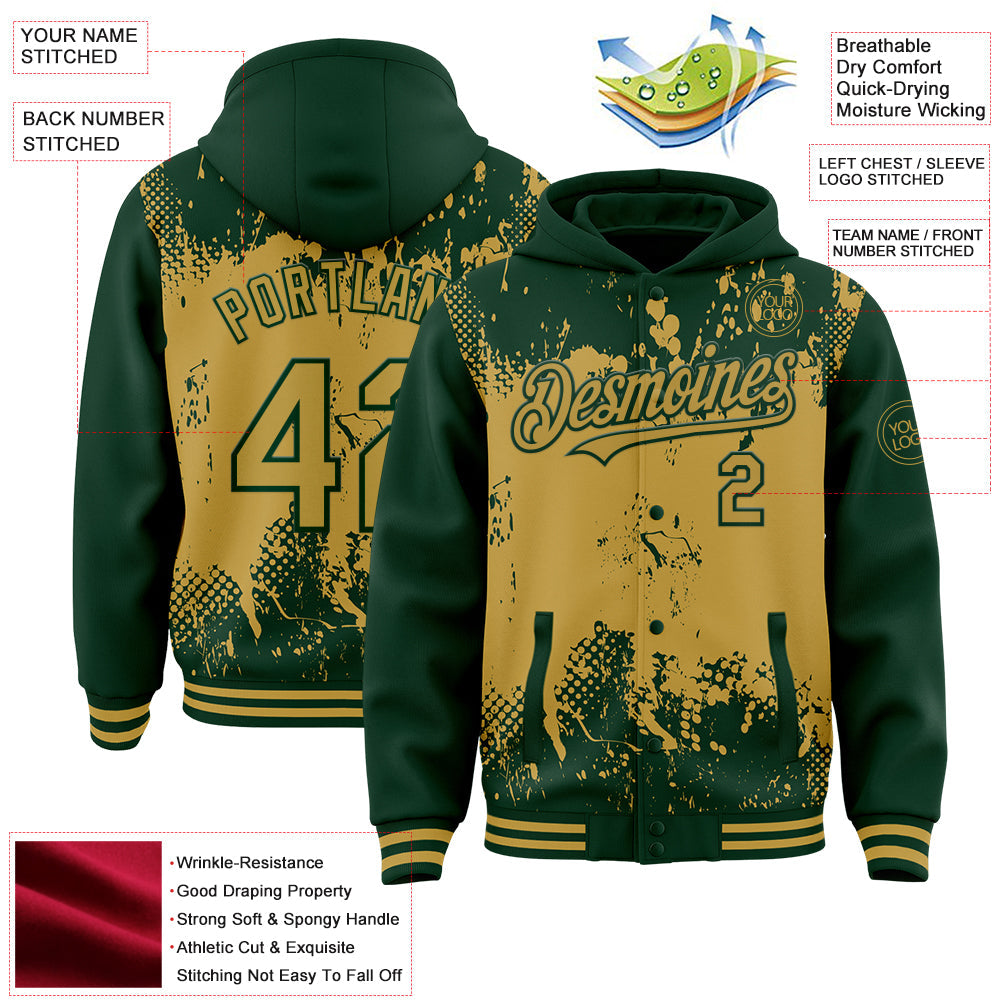 Custom Green Old Gold Splash Art 3D Pattern Design Bomber Full-Snap Varsity Letterman Hoodie Jacket view 4