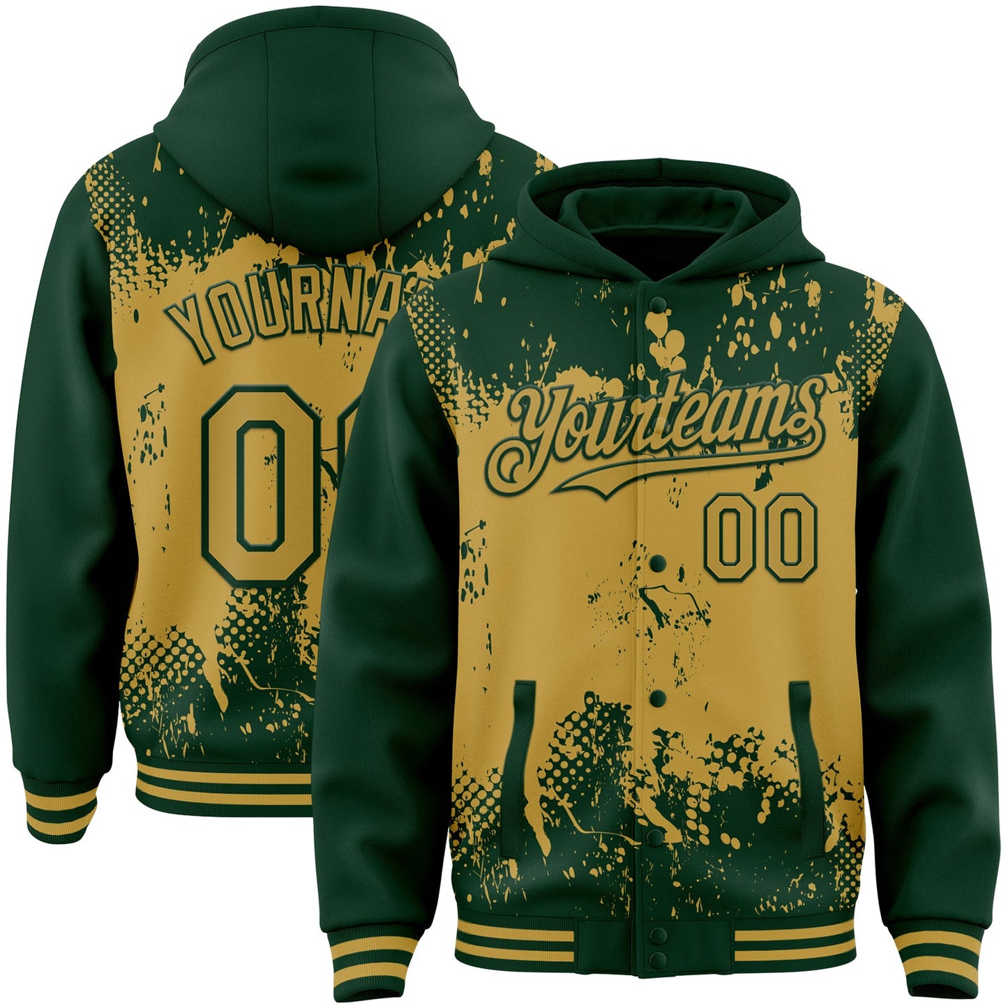 Custom Green Old Gold Splash Art 3D Pattern Design Bomber Full-Snap Varsity Letterman Hoodie Jacket - Main View
