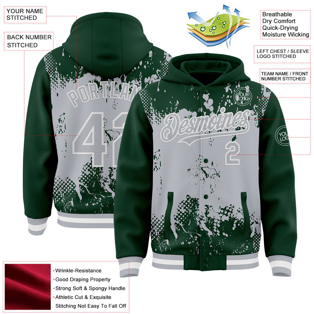 Custom Green Gray-White Splash Art 3D Pattern Design Bomber Full-Snap Varsity Letterman Hoodie Jacket view 4