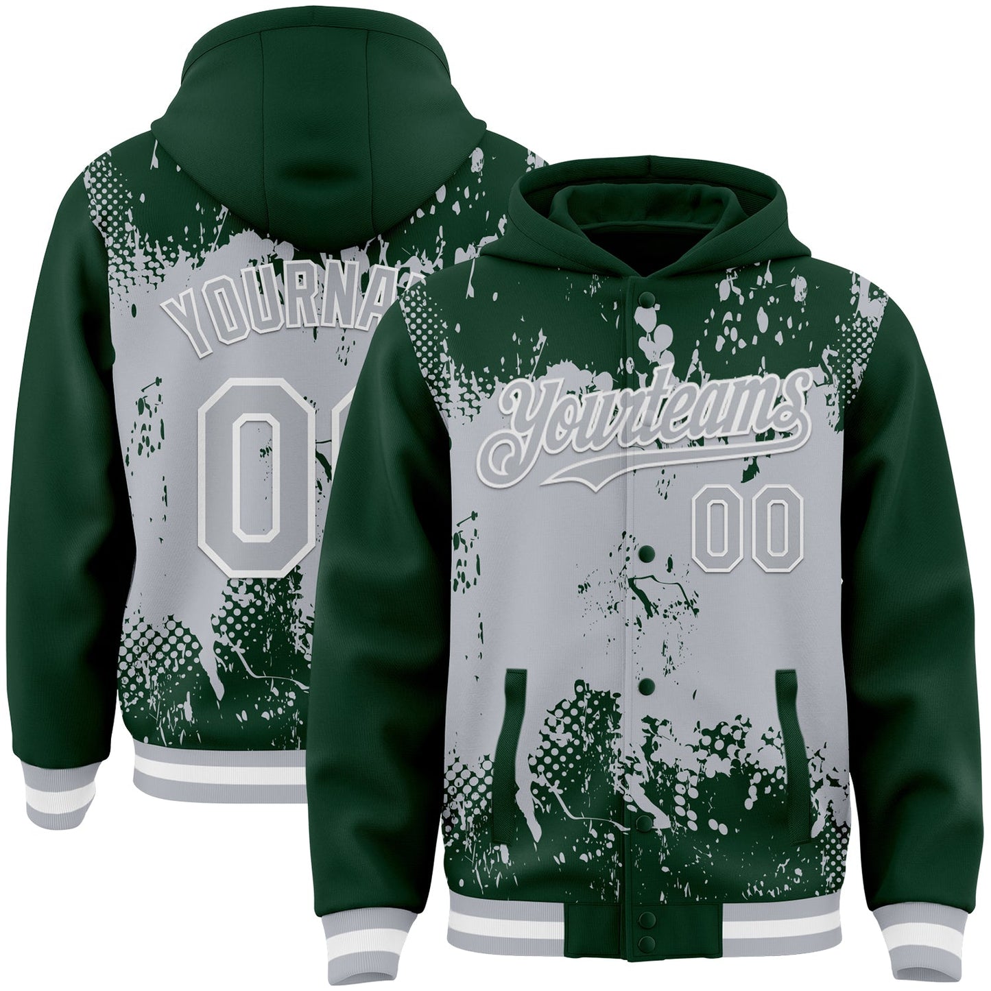 Custom Green Gray-White Splash Art 3D Pattern Design Bomber Full-Snap Varsity Letterman Hoodie Jacket - Main View