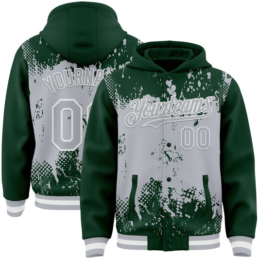 Custom Green Gray-White Splash Art 3D Pattern Design Bomber Full-Snap Varsity Letterman Hoodie Jacket - Main View