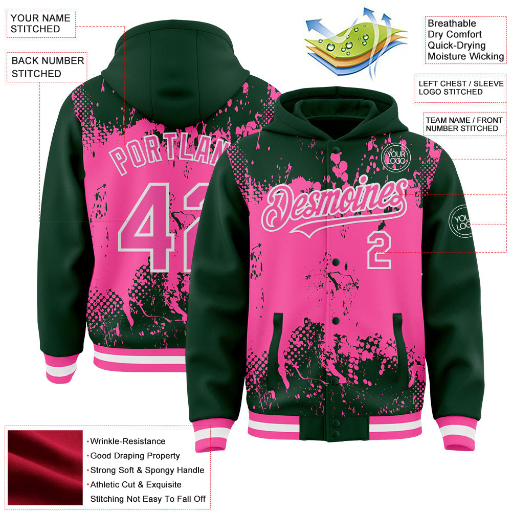 Custom Green Pink-White Splash Art 3D Pattern Design Bomber Full-Snap Varsity Letterman Hoodie Jacket view 4