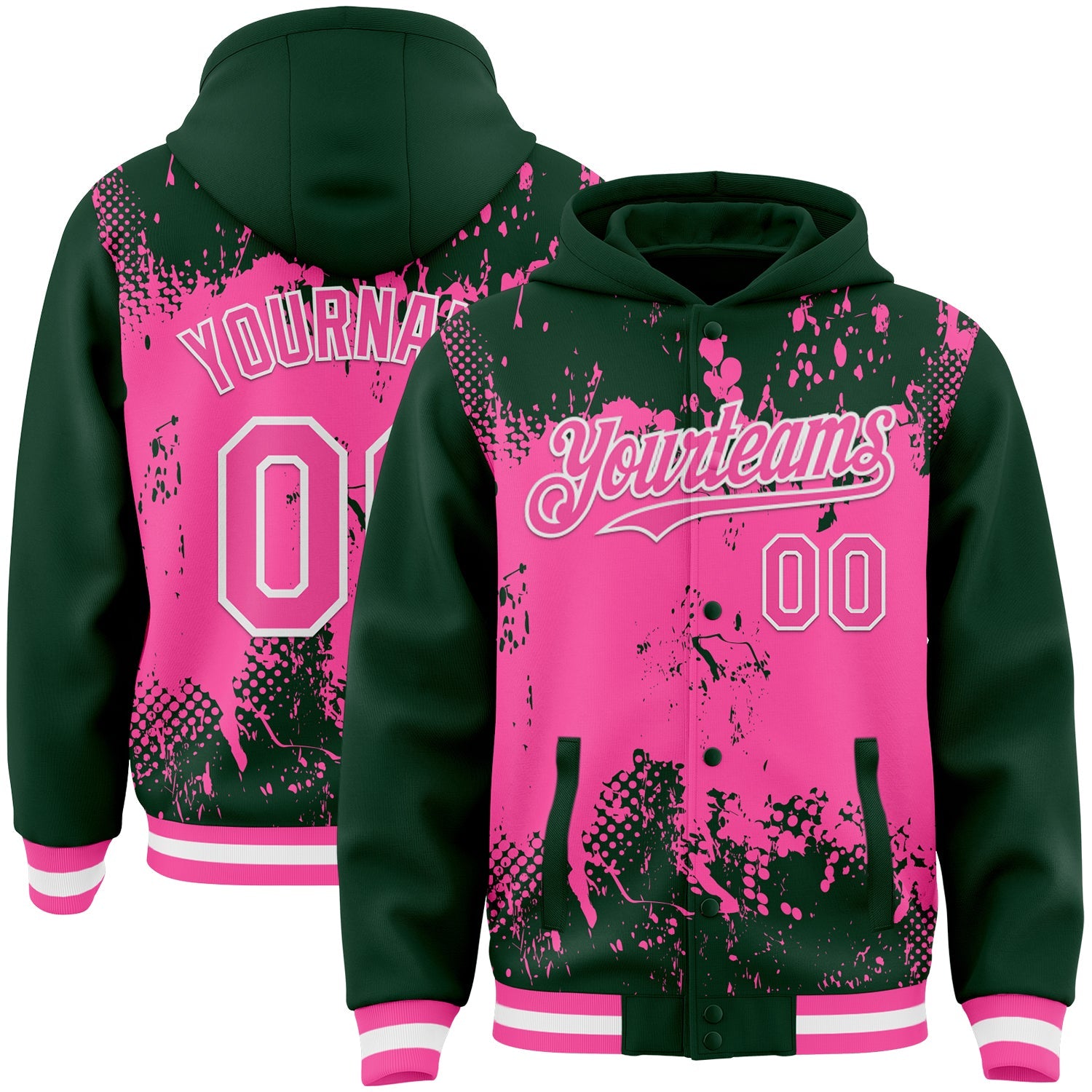 Custom Green Pink-White Splash Art 3D Pattern Design Bomber Full-Snap Varsity Letterman Hoodie Jacket - Main View