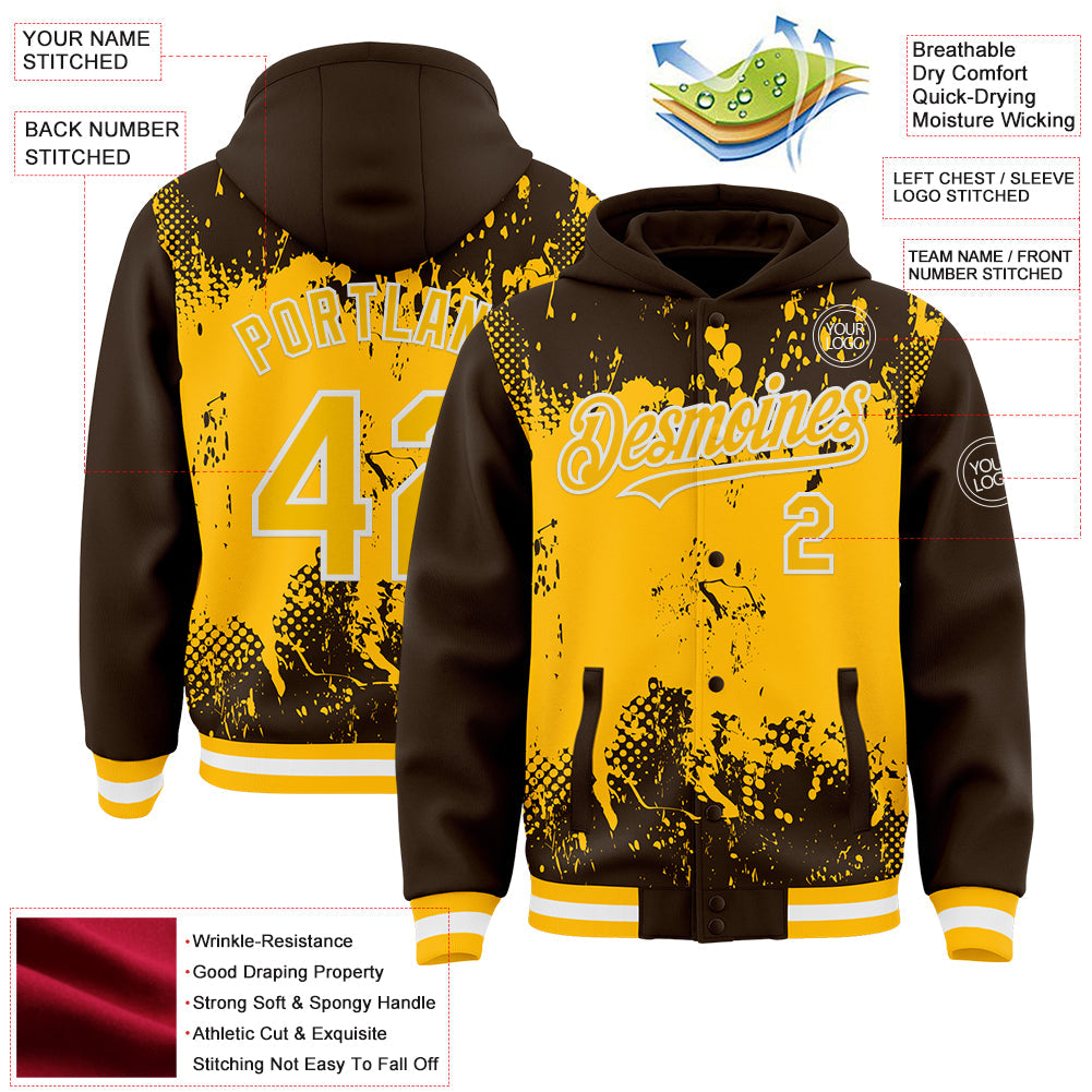 Custom Brown Gold-White Splash Art 3D Pattern Design Bomber Full-Snap Varsity Letterman Hoodie Jacket view 4