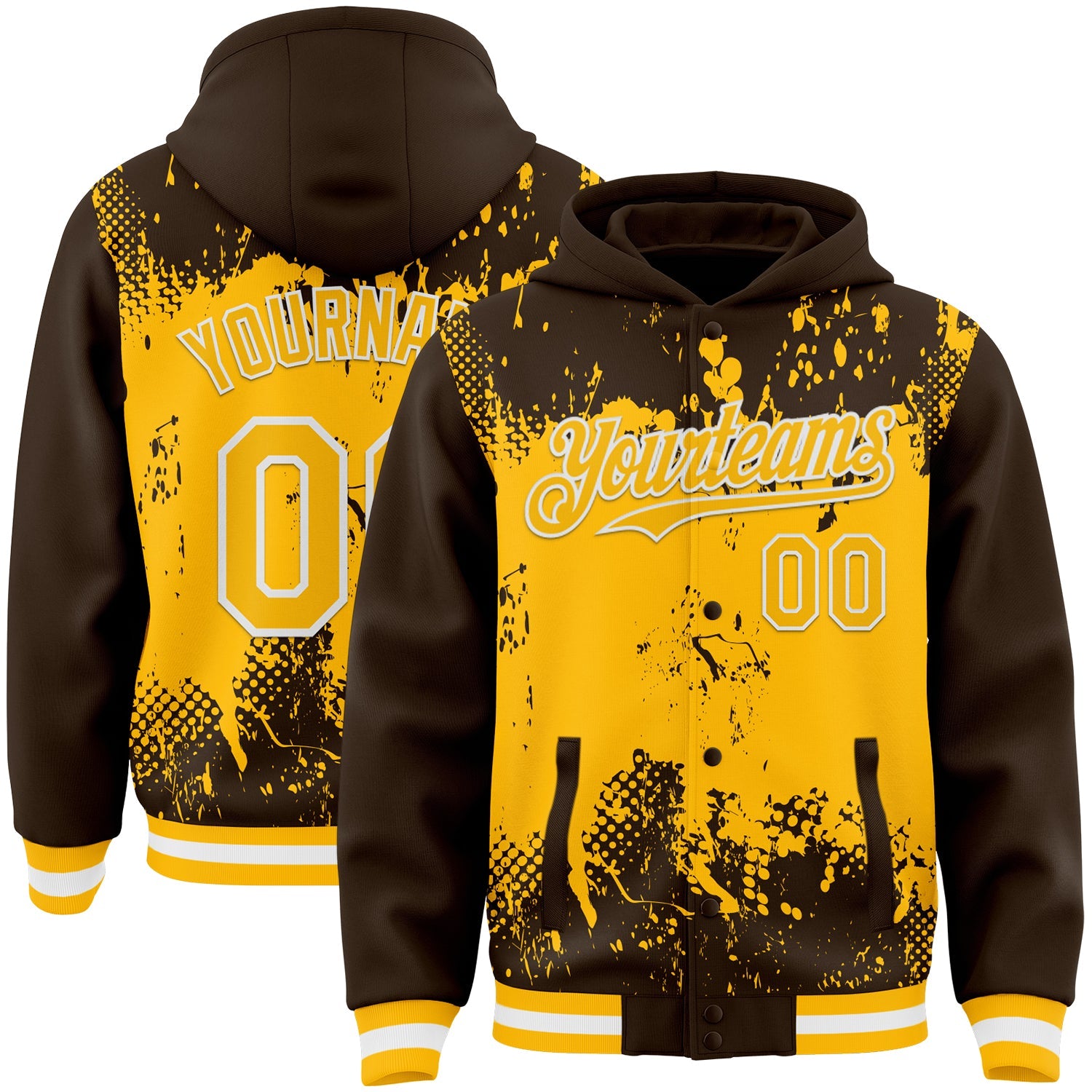 Custom Brown Gold-White Splash Art 3D Pattern Design Bomber Full-Snap Varsity Letterman Hoodie Jacket - Main View
