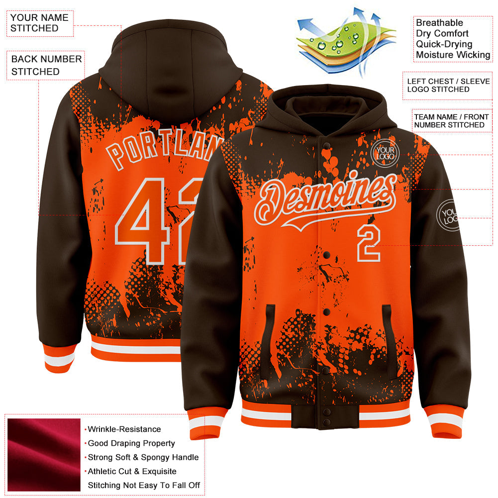 Custom Brown Orange-White Splash Art 3D Pattern Design Bomber Full-Snap Varsity Letterman Hoodie Jacket view 4