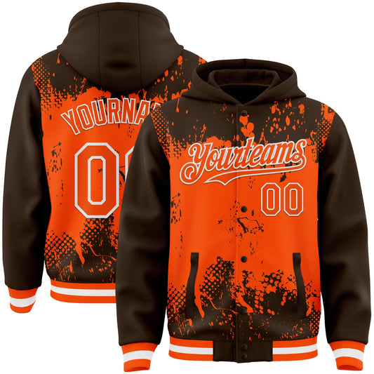 Custom Brown Orange-White Splash Art 3D Pattern Design Bomber Full-Snap Varsity Letterman Hoodie Jacket - Main View