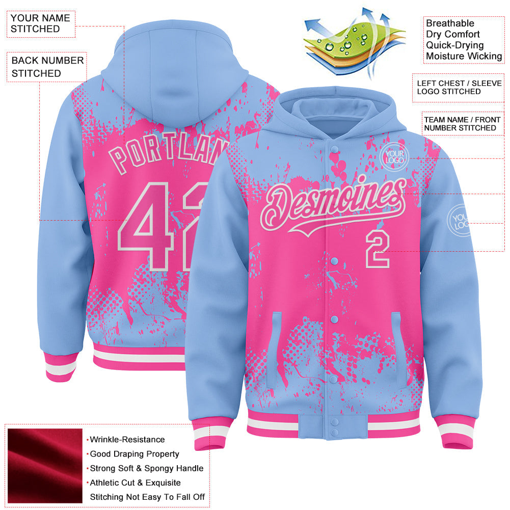 Custom Light Blue Pink-White Splash Art 3D Pattern Design Bomber Full-Snap Varsity Letterman Hoodie Jacket view 4