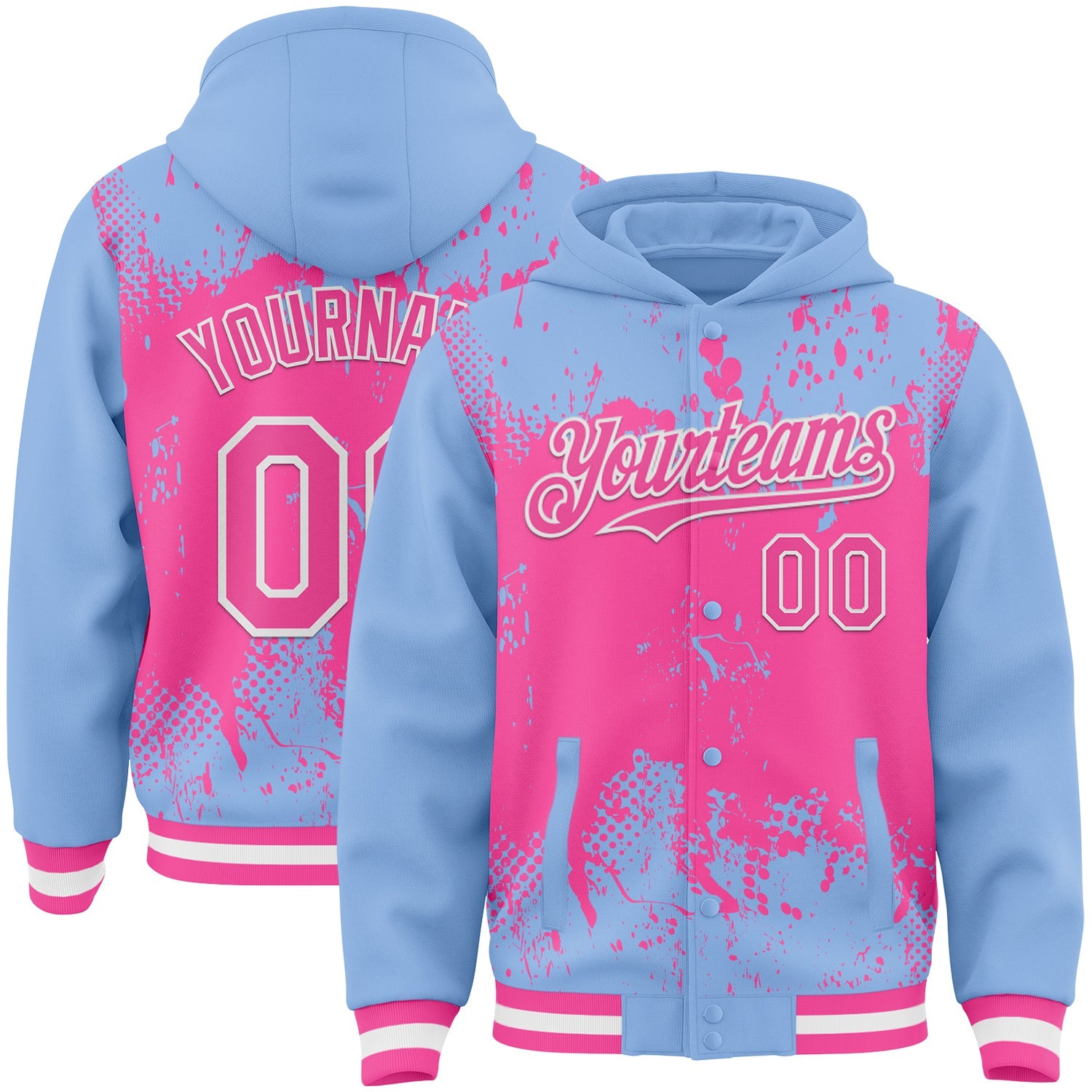 Custom Light Blue Pink-White Splash Art 3D Pattern Design Bomber Full-Snap Varsity Letterman Hoodie Jacket - Main View