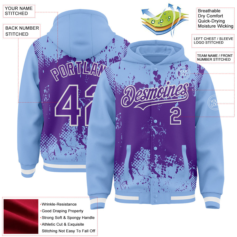 Custom Light Blue Purple-White Splash Art 3D Pattern Design Bomber Full-Snap Varsity Letterman Hoodie Jacket view 4