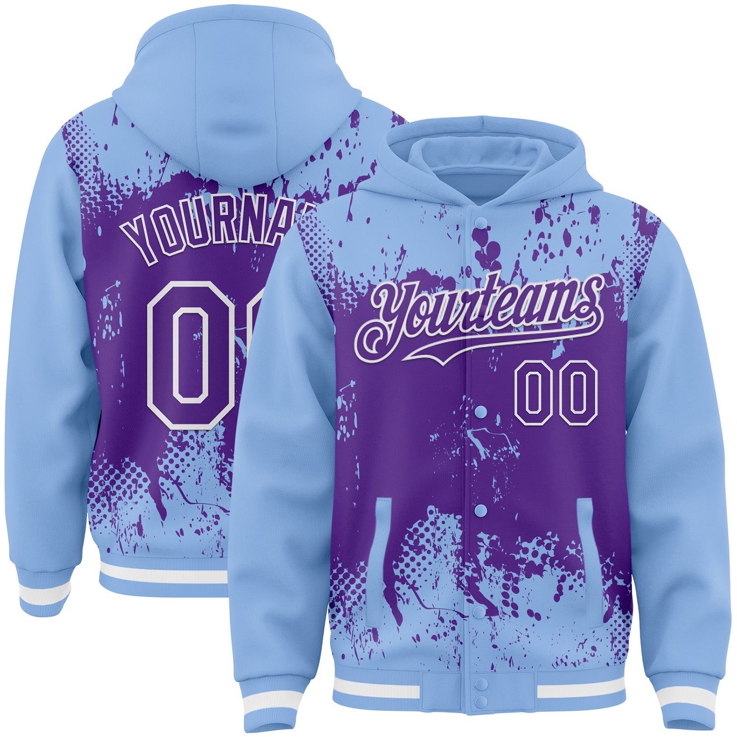 Custom Light Blue Purple-White Splash Art 3D Pattern Design Bomber Full-Snap Varsity Letterman Hoodie Jacket - Main View