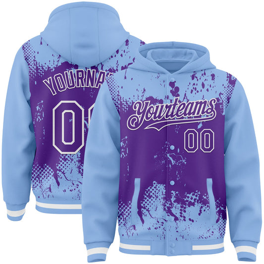 Custom Light Blue Purple-White Splash Art 3D Pattern Design Bomber Full-Snap Varsity Letterman Hoodie Jacket - Main View