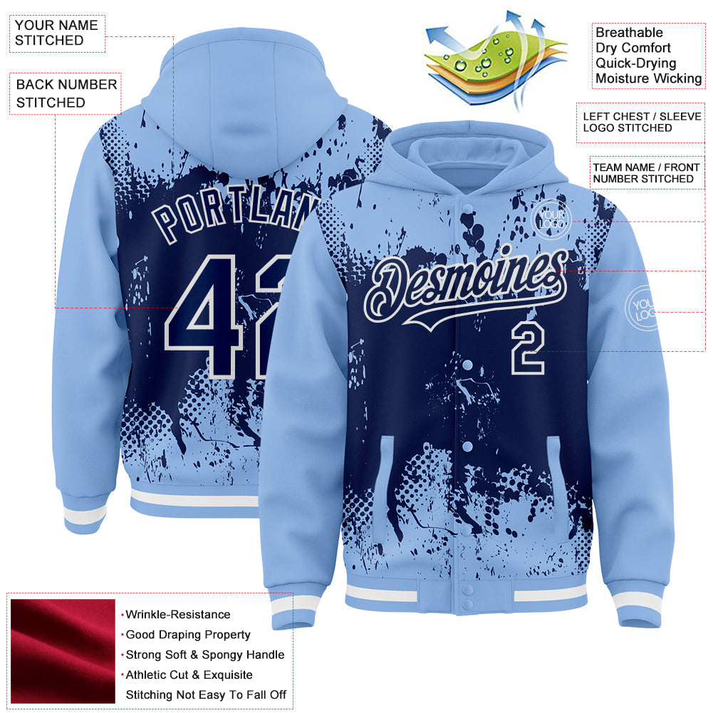 Custom Light Blue Navy-White Splash Art 3D Pattern Design Bomber Full-Snap Varsity Letterman Hoodie Jacket view 4