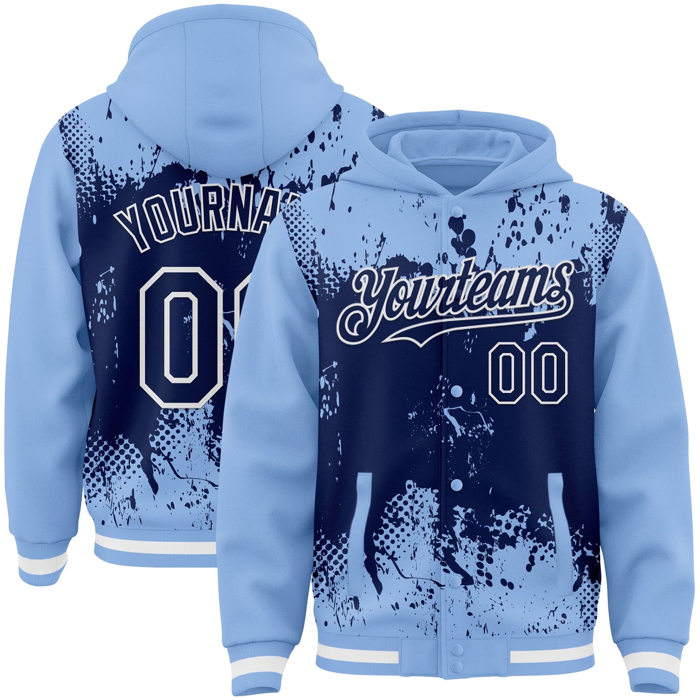 Custom Light Blue Navy-White Splash Art 3D Pattern Design Bomber Full-Snap Varsity Letterman Hoodie Jacket - Main View