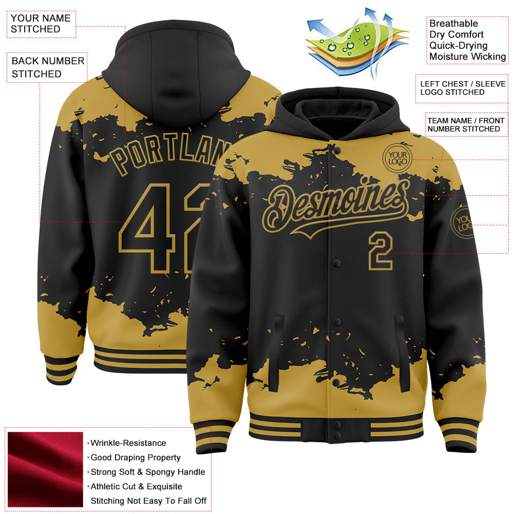 Custom Black Old Gold Splash Art 3D Pattern Design Bomber Full-Snap Varsity Letterman Hoodie Jacket view 4