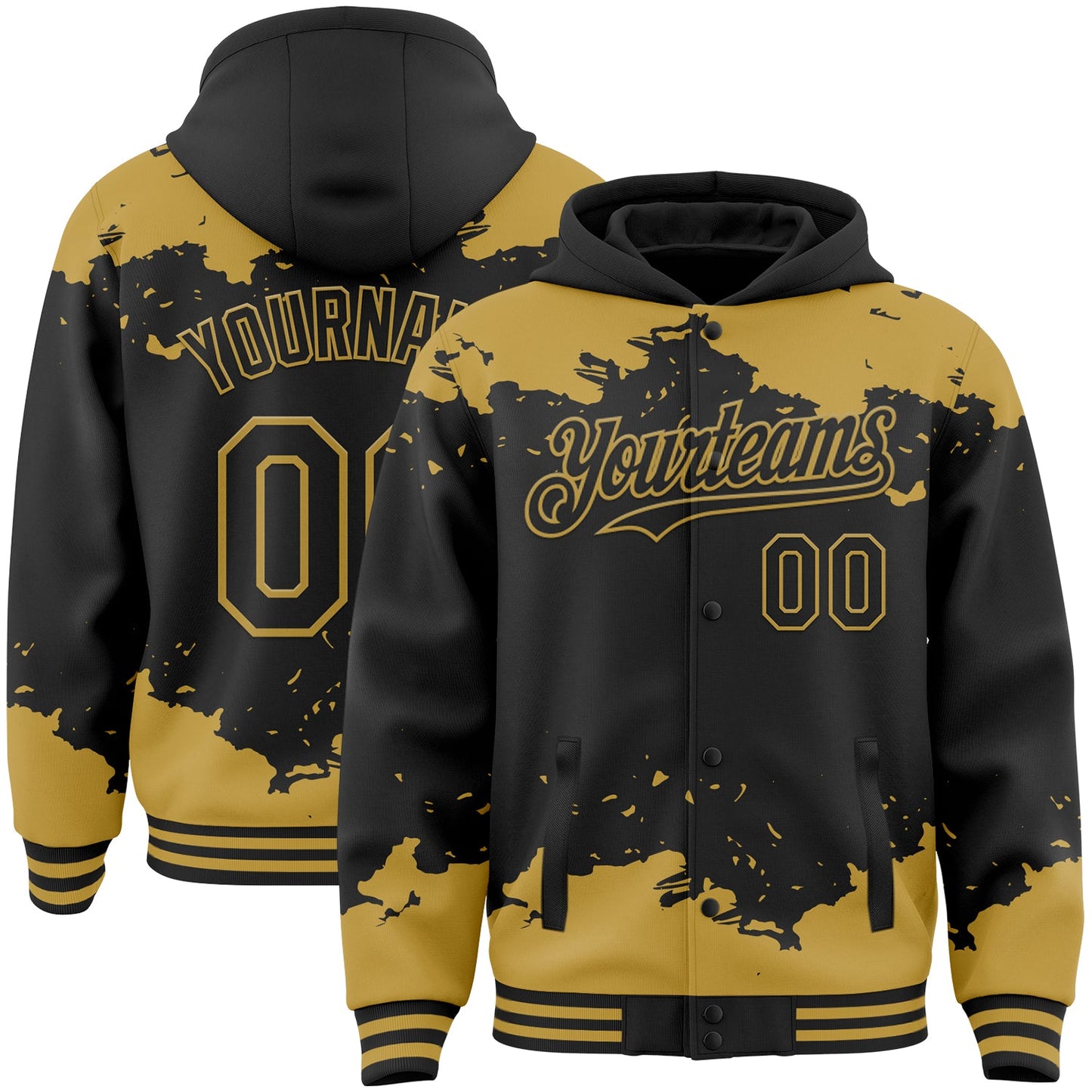 Custom Black Old Gold Splash Art 3D Pattern Design Bomber Full-Snap Varsity Letterman Hoodie Jacket - Main View