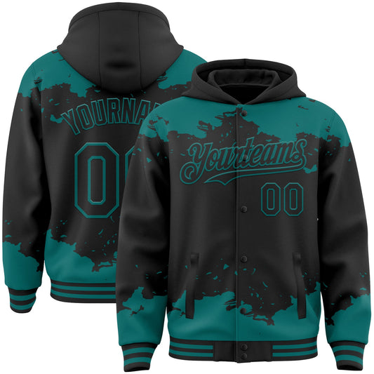 Custom Black Teal Splash Art 3D Pattern Design Bomber Full-Snap Varsity Letterman Hoodie Jacket - Main View