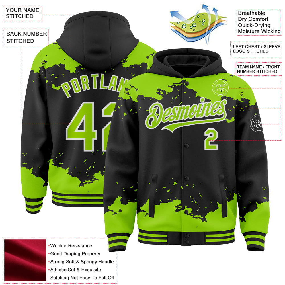 Custom Black Neon Green-White Splash Art 3D Pattern Design Bomber Full-Snap Varsity Letterman Hoodie Jacket view 4