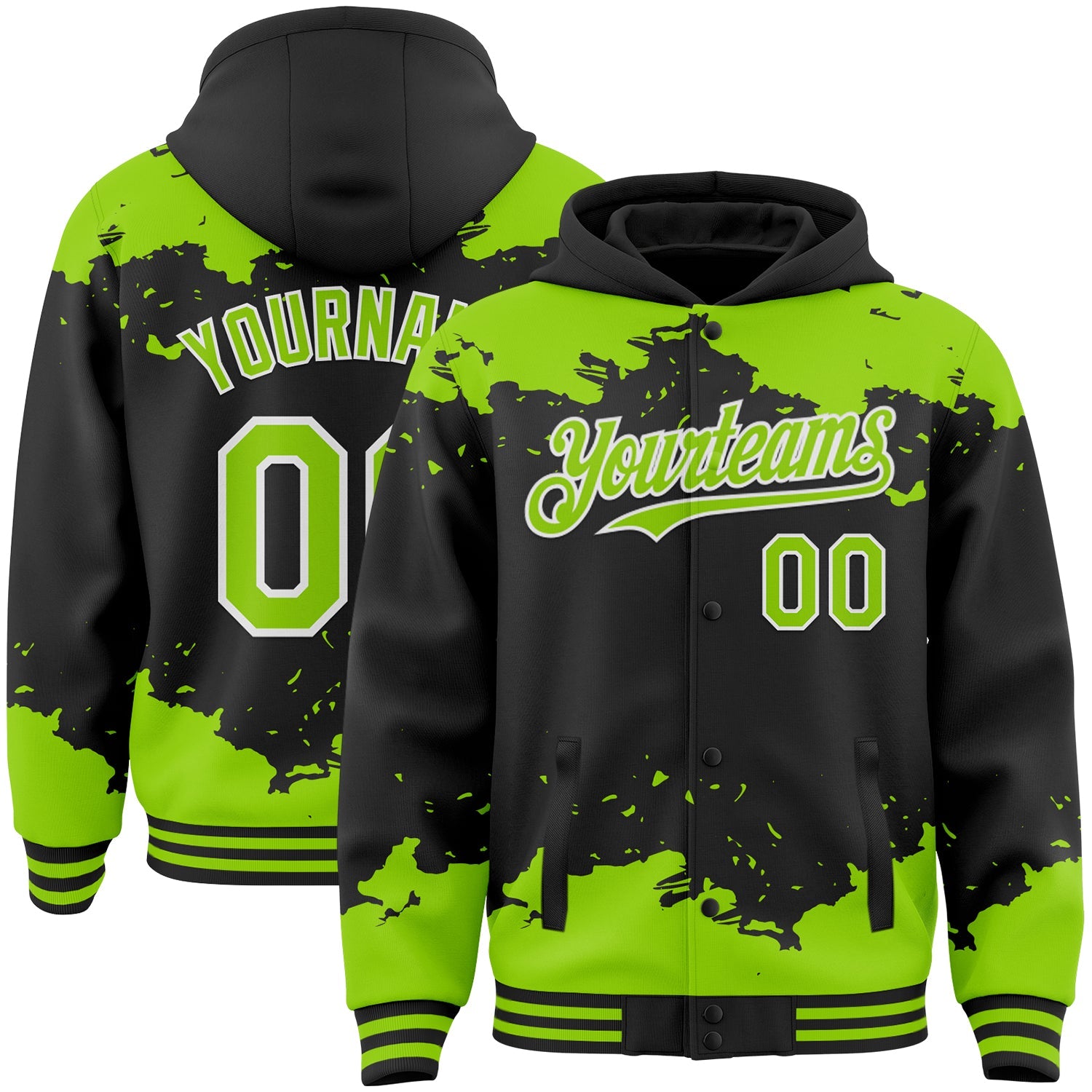 Custom Black Neon Green-White Splash Art 3D Pattern Design Bomber Full-Snap Varsity Letterman Hoodie Jacket - Main View