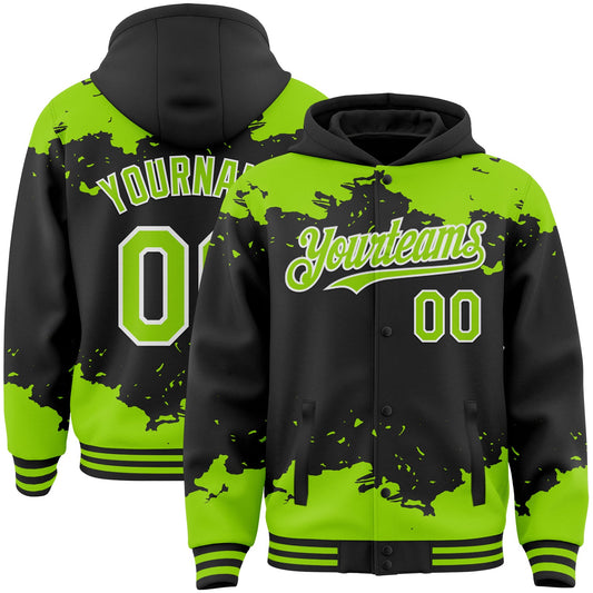 Custom Black Neon Green-White Splash Art 3D Pattern Design Bomber Full-Snap Varsity Letterman Hoodie Jacket - Main View