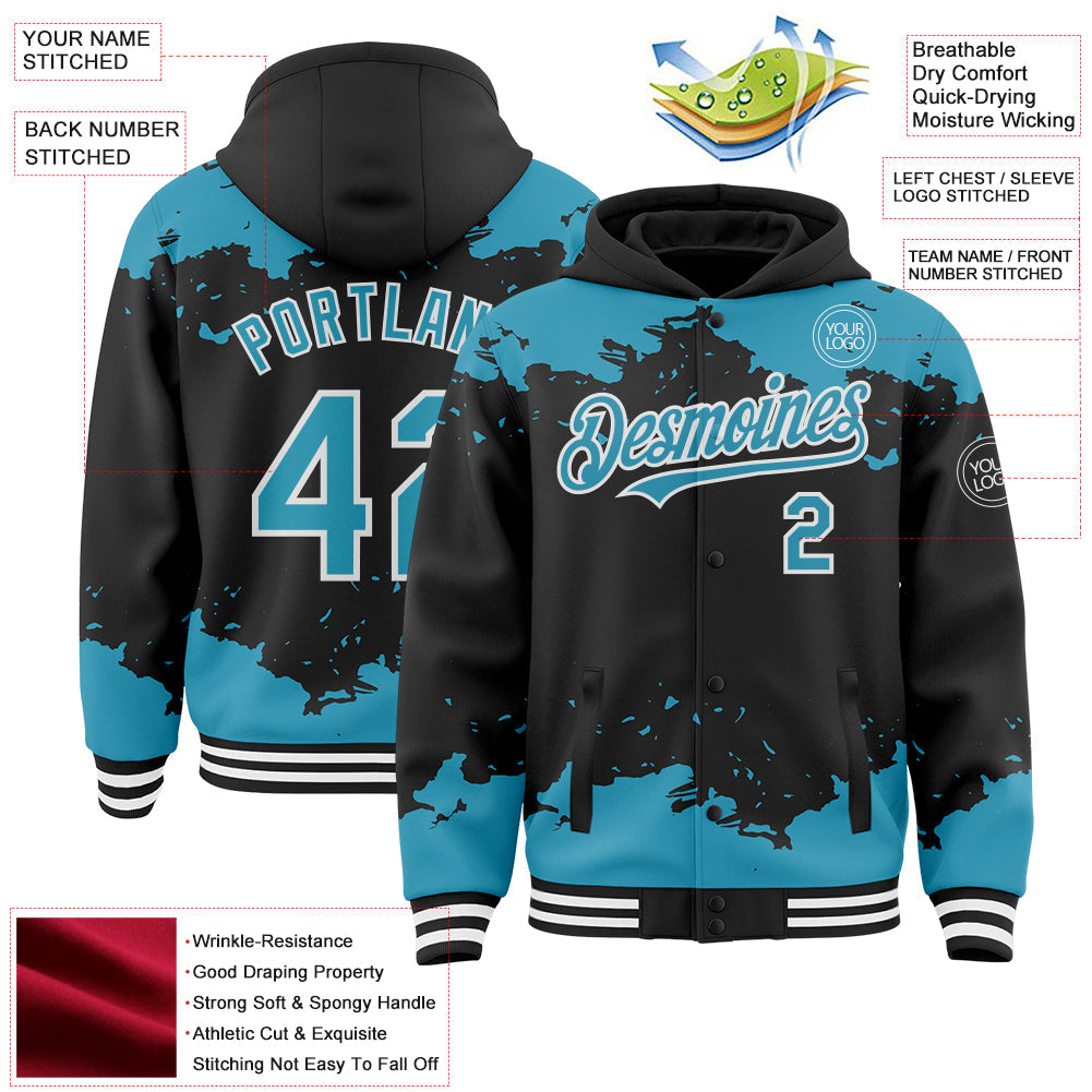 Custom Black Panther Blue-White Splash Art 3D Pattern Design Bomber Full-Snap Varsity Letterman Hoodie Jacket view 4