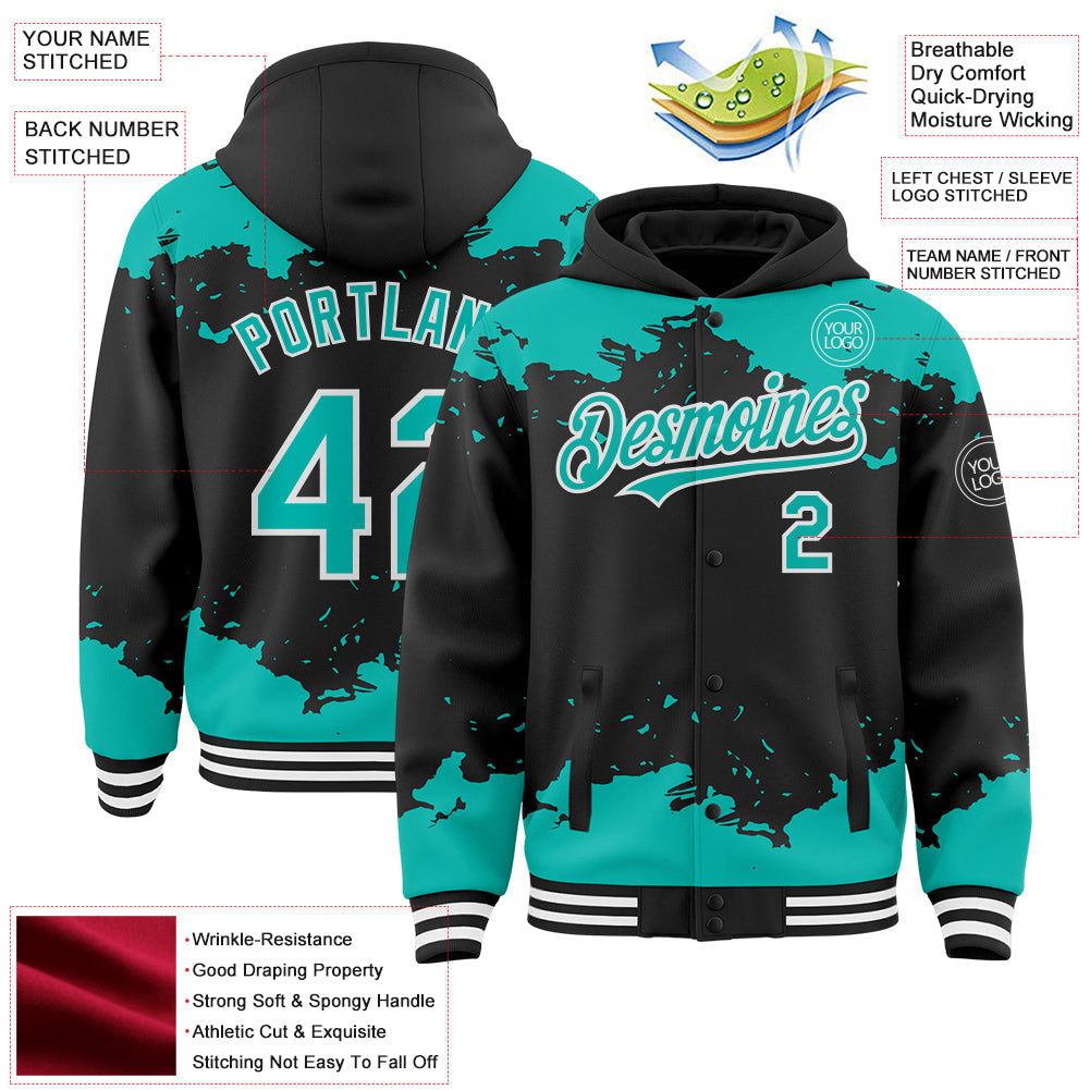 Custom Black Aqua-White Splash Art 3D Pattern Design Bomber Full-Snap Varsity Letterman Hoodie Jacket view 4