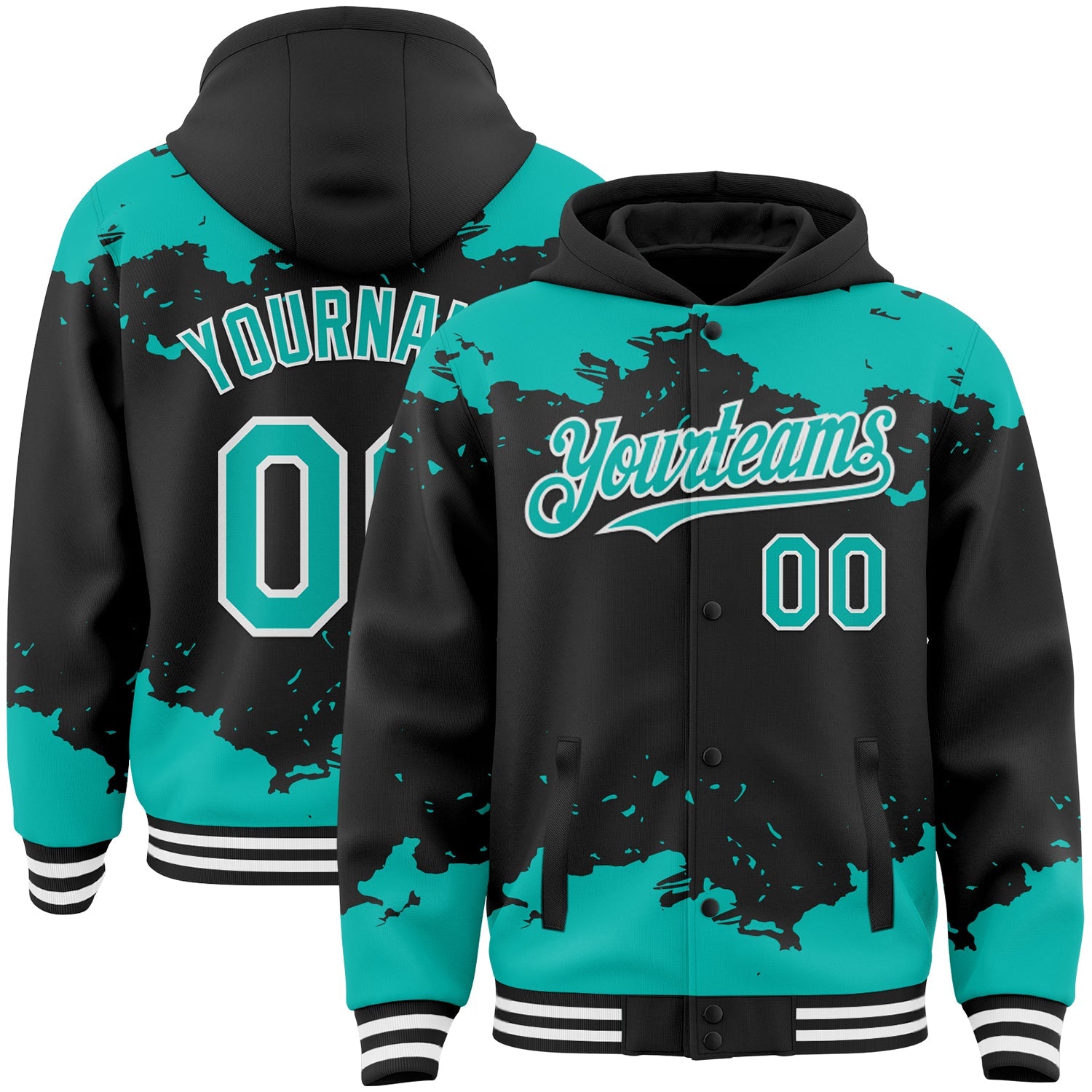 Custom Black Aqua-White Splash Art 3D Pattern Design Bomber Full-Snap Varsity Letterman Hoodie Jacket - Main View