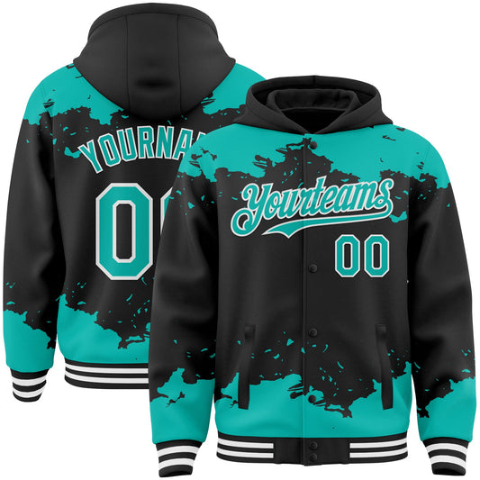 Custom Black Aqua-White Splash Art 3D Pattern Design Bomber Full-Snap Varsity Letterman Hoodie Jacket - Main View