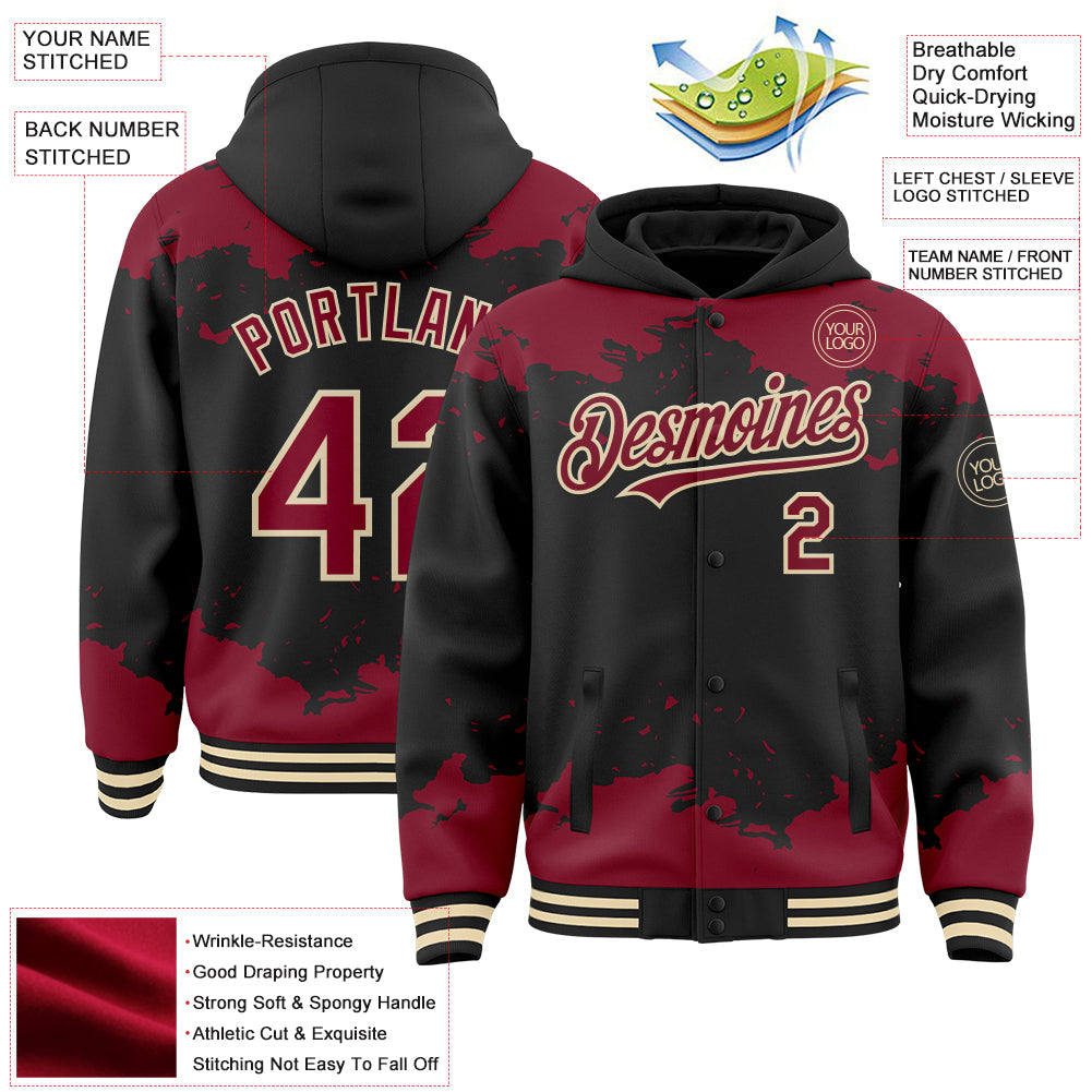 Custom Black Crimson-Cream Splash Art 3D Pattern Design Bomber Full-Snap Varsity Letterman Hoodie Jacket view 4