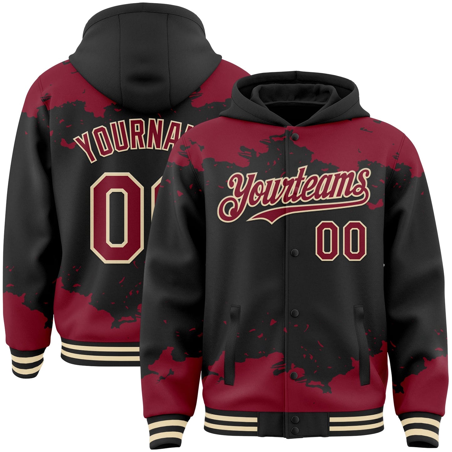 Custom Black Crimson-Cream Splash Art 3D Pattern Design Bomber Full-Snap Varsity Letterman Hoodie Jacket - Main View