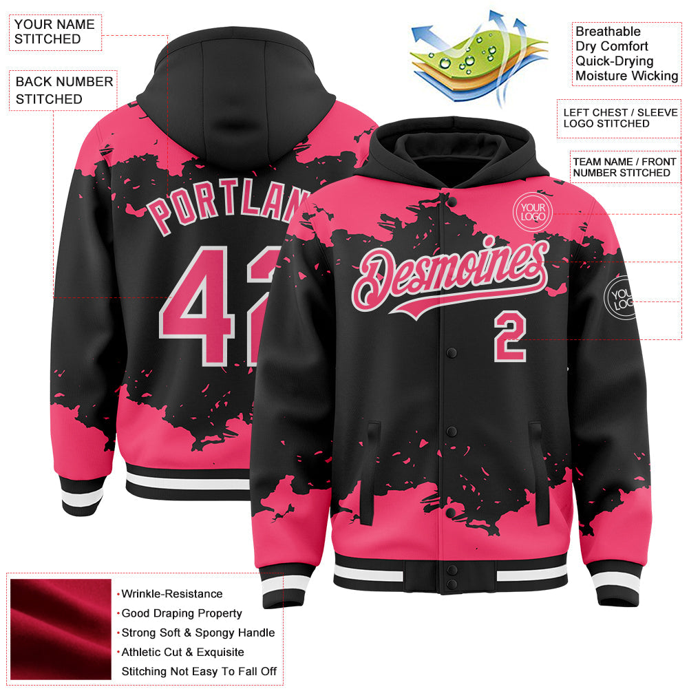 Custom Black Neon Pink-White Splash Art 3D Pattern Design Bomber Full-Snap Varsity Letterman Hoodie Jacket view 4