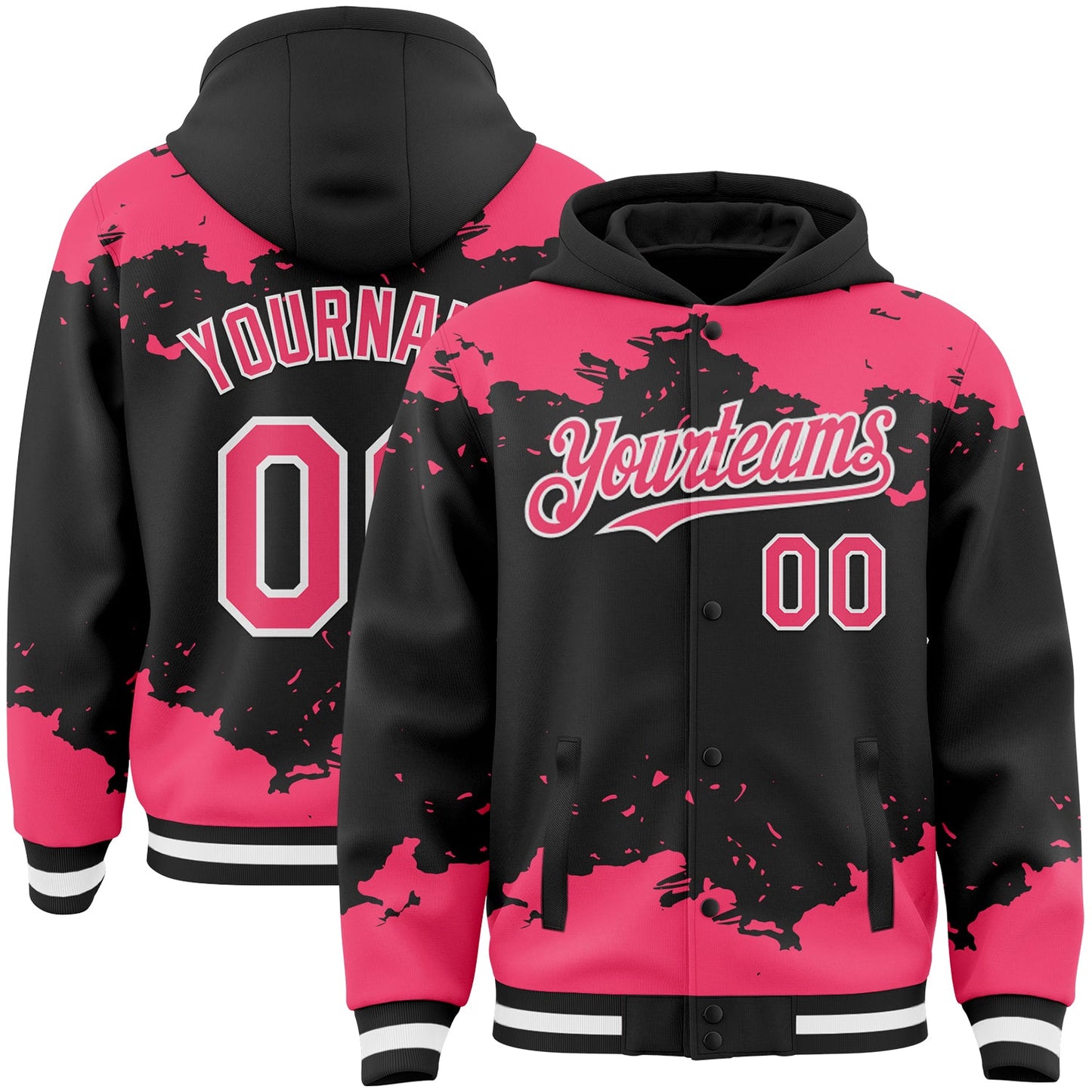 Custom Black Neon Pink-White Splash Art 3D Pattern Design Bomber Full-Snap Varsity Letterman Hoodie Jacket - Main View