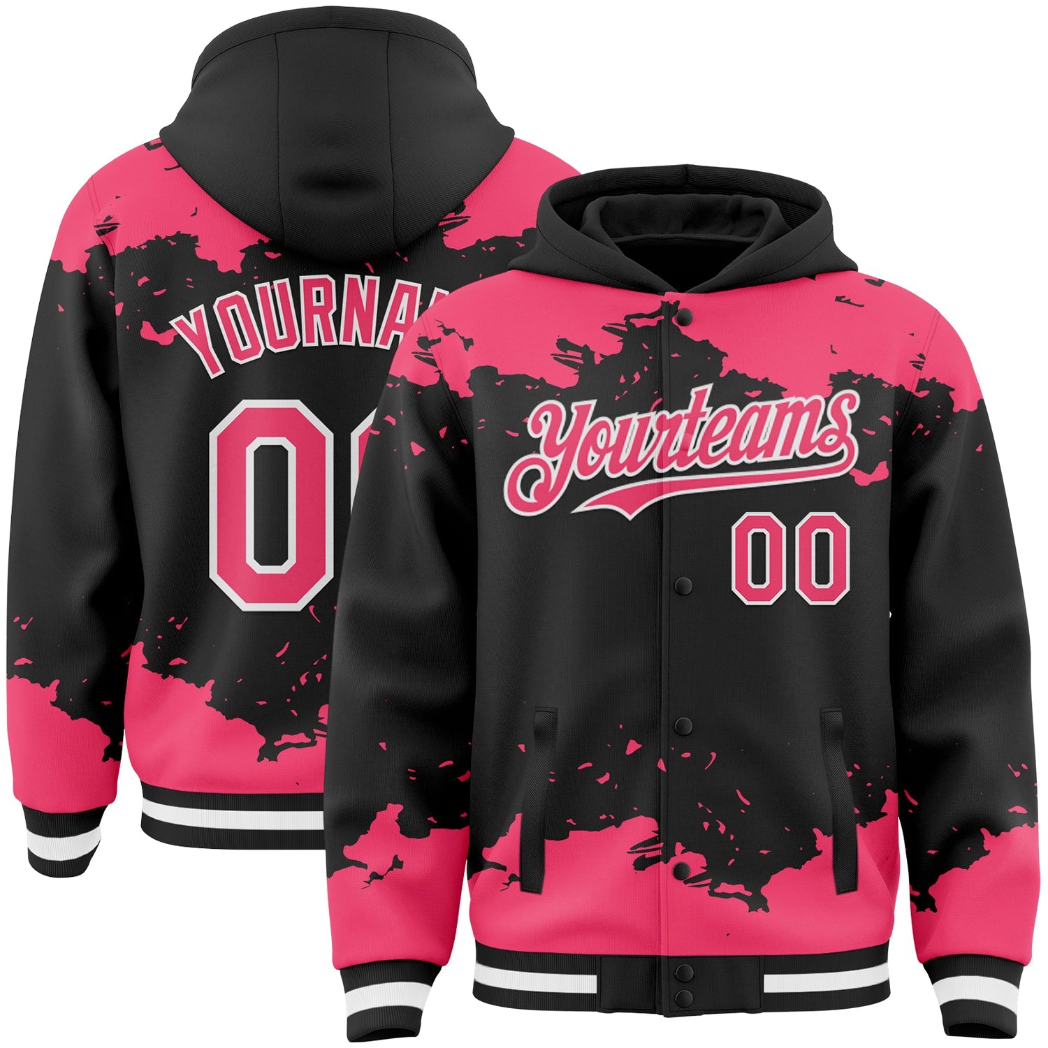 Custom Black Neon Pink-White Splash Art 3D Pattern Design Bomber Full-Snap Varsity Letterman Hoodie Jacket - Main View