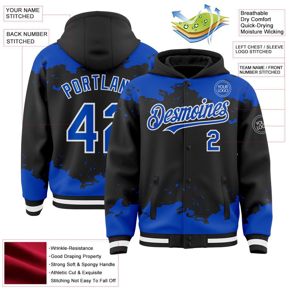 Custom Black Thunder Blue-White Splash Art 3D Pattern Design Bomber Full-Snap Varsity Letterman Hoodie Jacket view 4