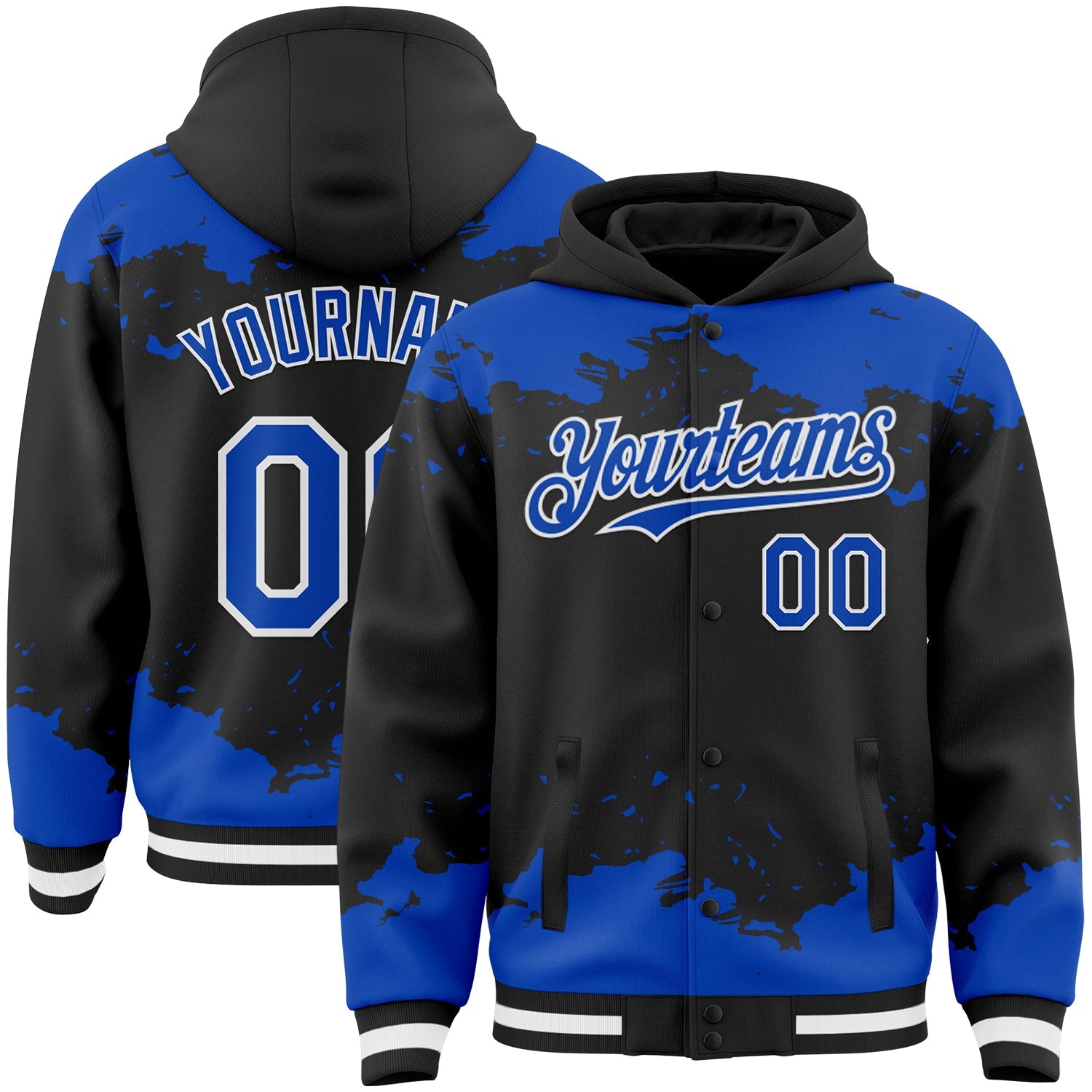Custom Black Thunder Blue-White Splash Art 3D Pattern Design Bomber Full-Snap Varsity Letterman Hoodie Jacket - Main View