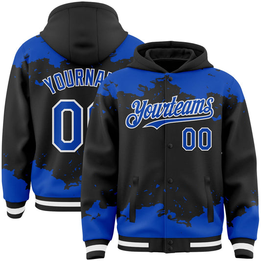 Custom Black Thunder Blue-White Splash Art 3D Pattern Design Bomber Full-Snap Varsity Letterman Hoodie Jacket - Main View