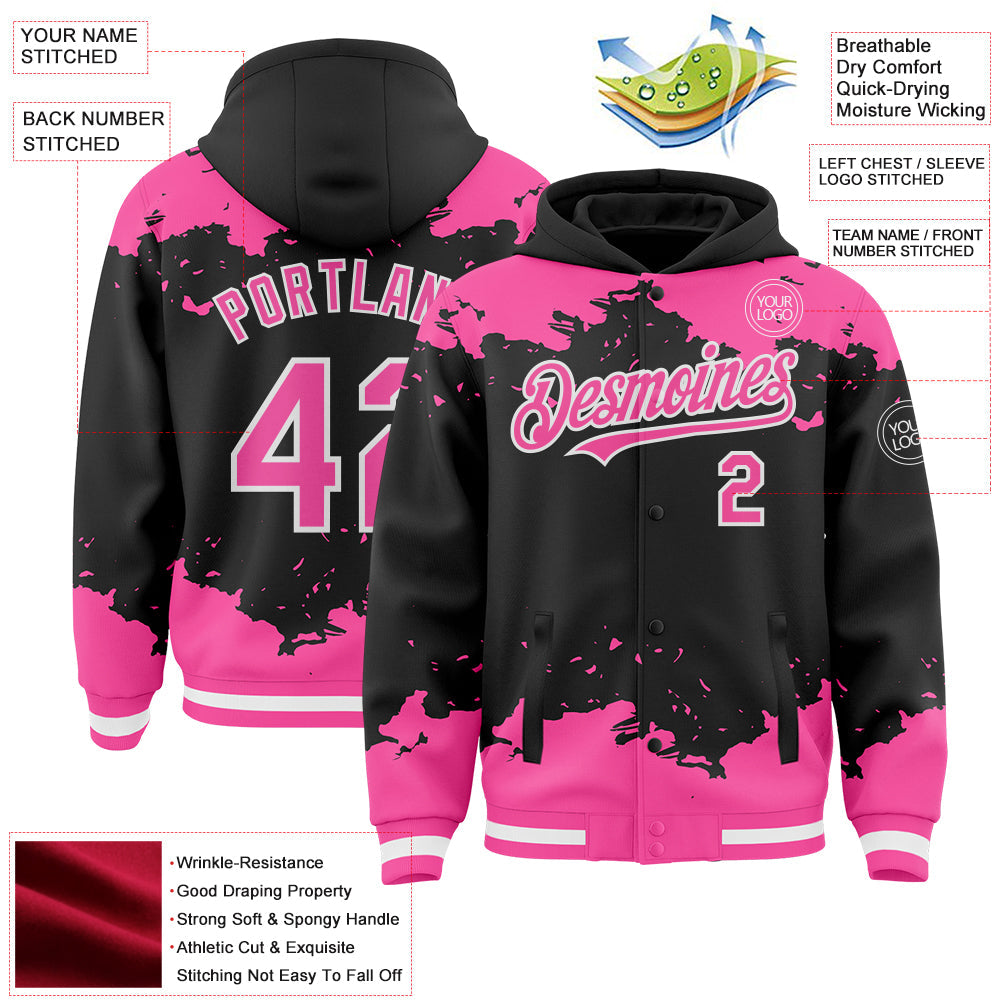 Custom Black Pink-White Splash Art 3D Pattern Design Bomber Full-Snap Varsity Letterman Hoodie Jacket view 4