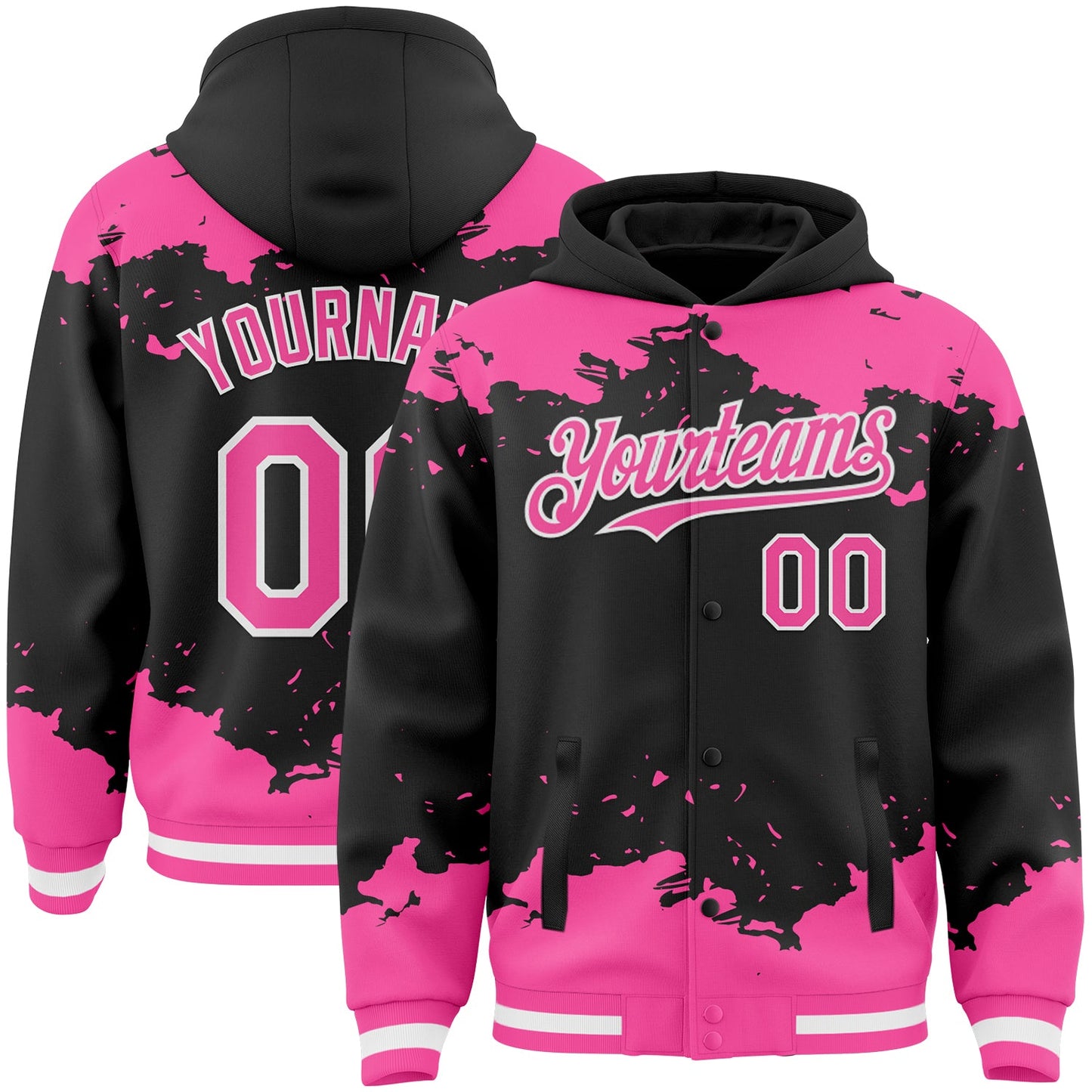 Custom Black Pink-White Splash Art 3D Pattern Design Bomber Full-Snap Varsity Letterman Hoodie Jacket - Main View