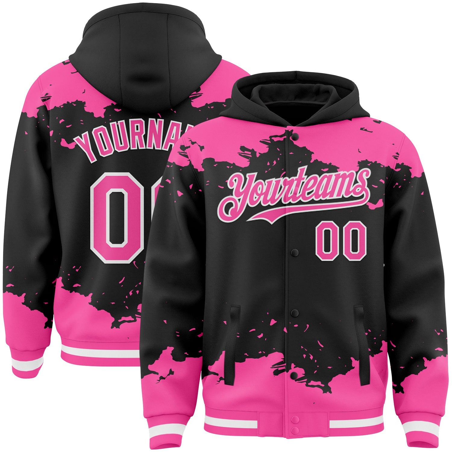 Custom Black Pink-White Splash Art 3D Pattern Design Bomber Full-Snap Varsity Letterman Hoodie Jacket - Main View